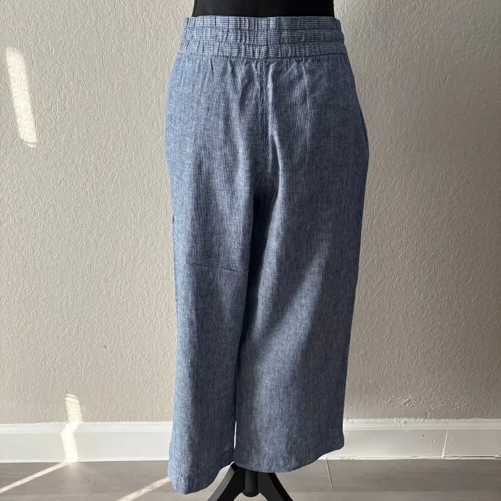 H & M LOGG Wide Leg Capri Pants Blue Sz 8 Nautical Granola Coastal Grandma Beach